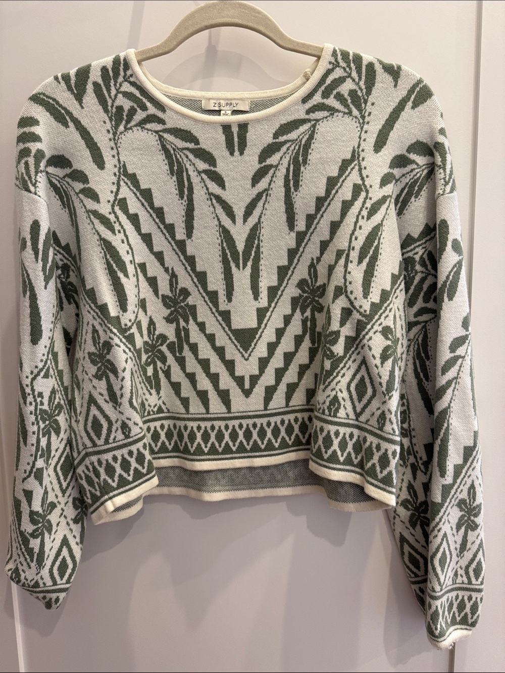 Z Supply Green & Cream Geometric Floral Crewneck Sweater